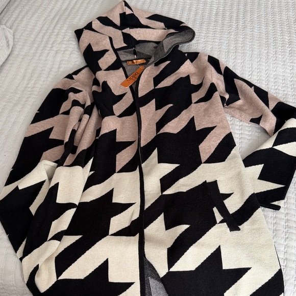 Belldini Black, Beige & Cream Long Houndstooth Hooded Cardigan M - Picture 5 of 8
